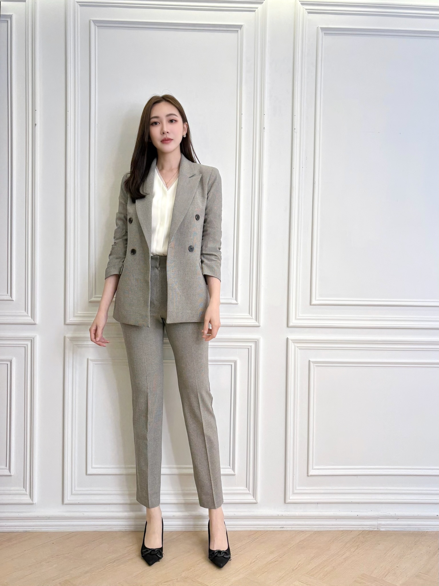英倫風混色織紋西裝套裝-混灰