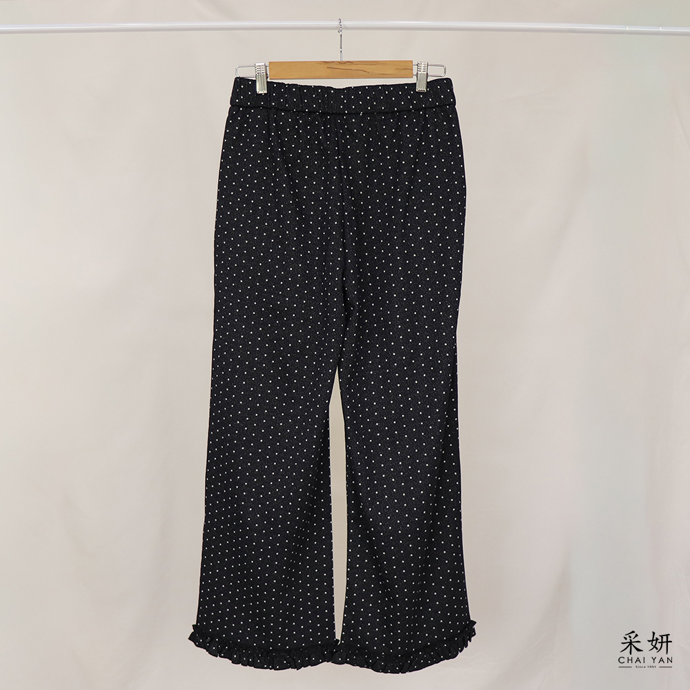波點荷葉邊褲腳鬆緊腰直筒長褲