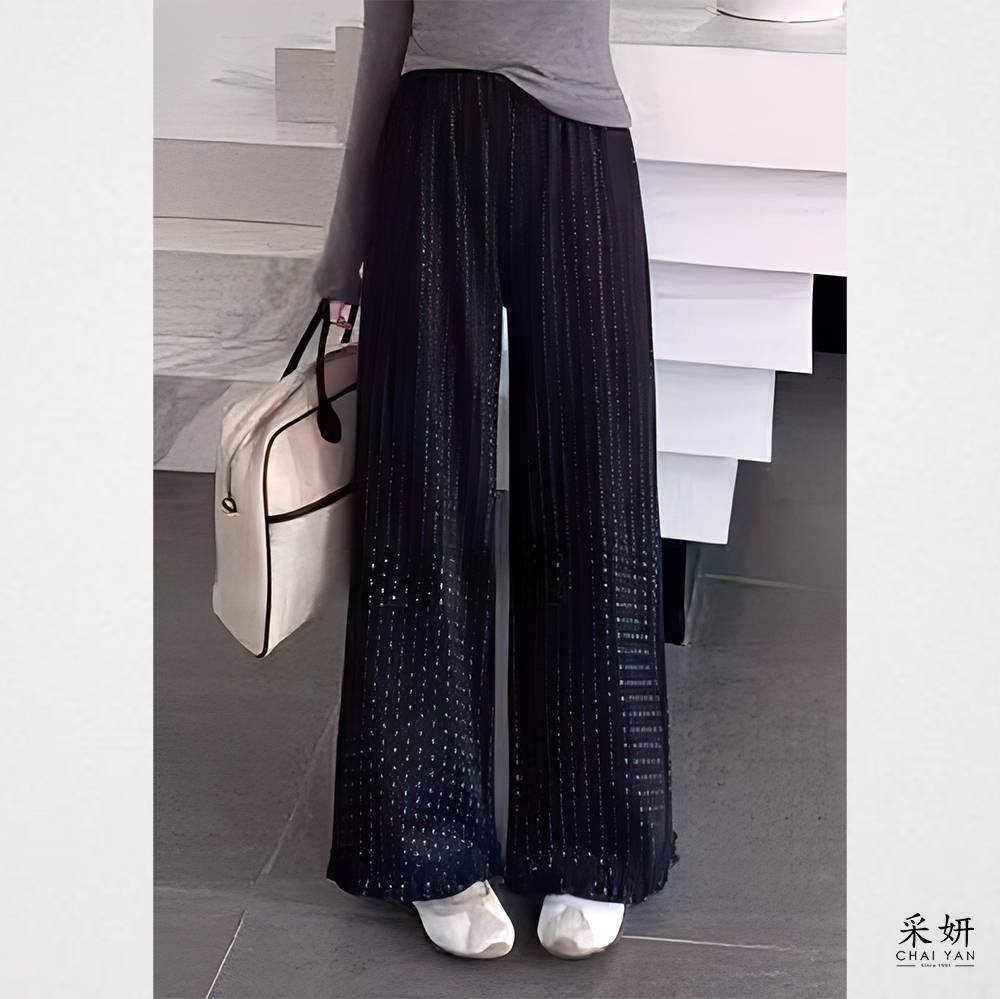 波點荷葉邊褲腳鬆緊腰直筒長褲