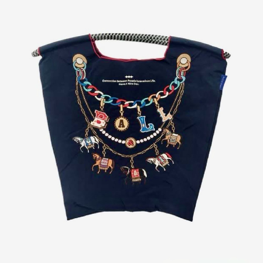 Ball＆Chain 刺繡環保購物袋 M號 - 深藍 (30106797)