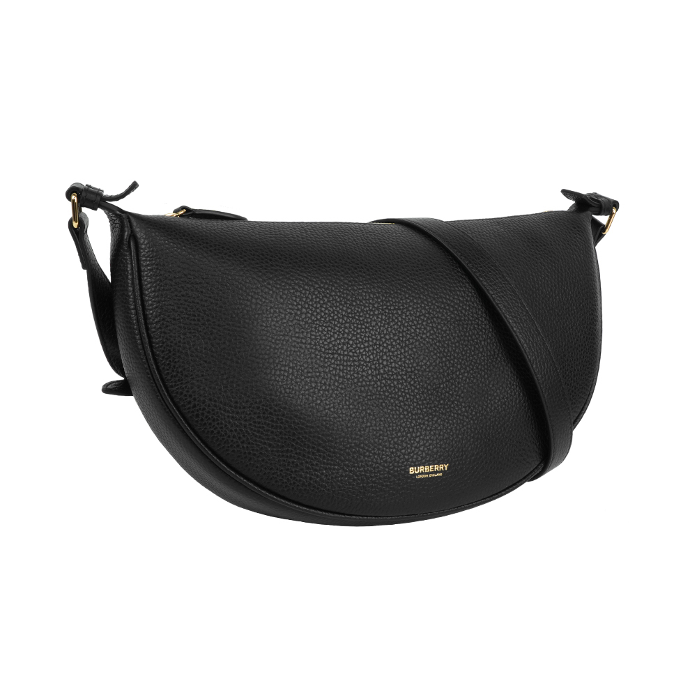 【Burberry】金字燙印Logo 牛皮半月形斜背包(黑色)
