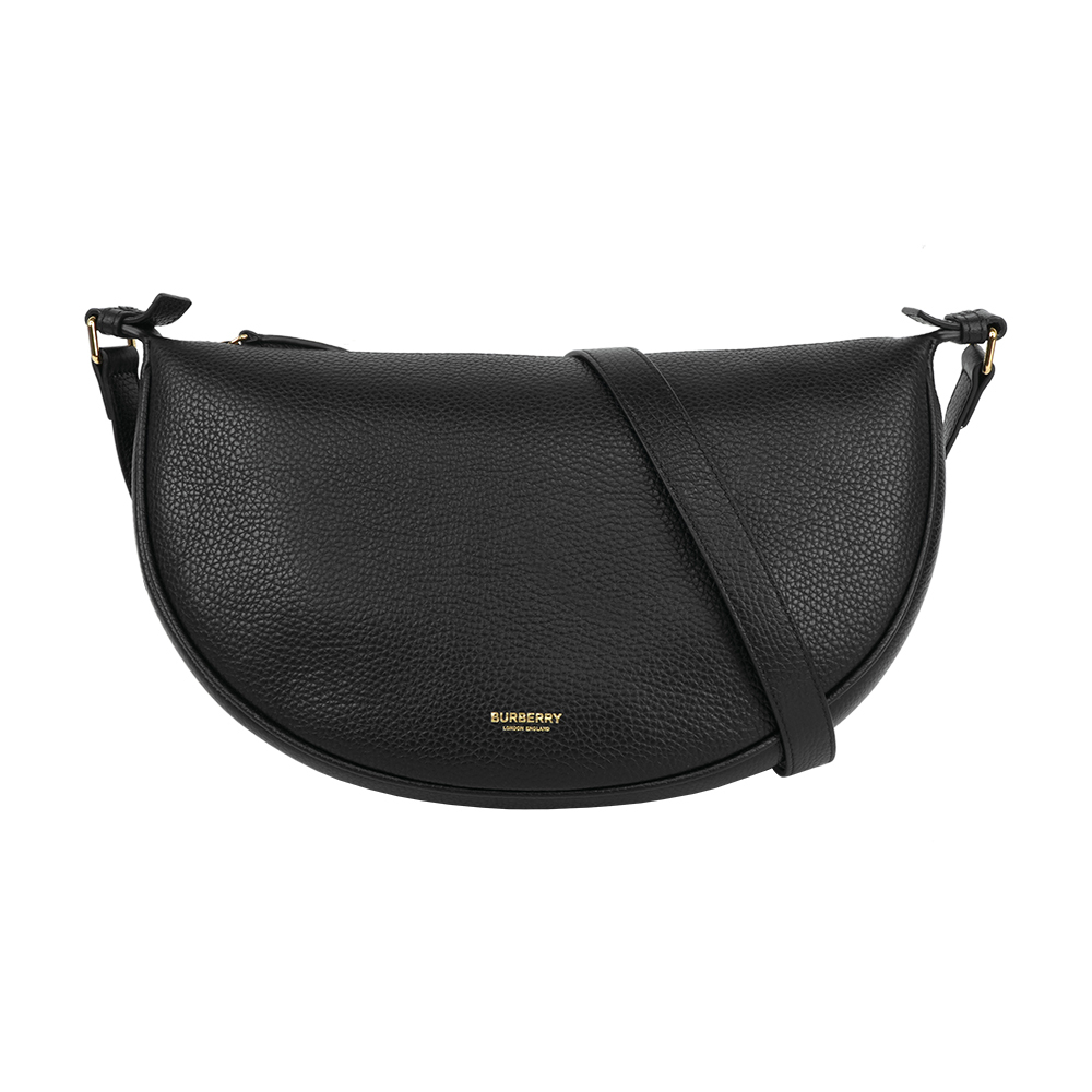 【Burberry】金字燙印Logo 牛皮半月形斜背包(黑色)