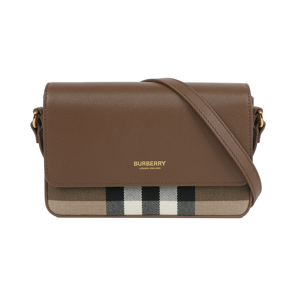 【Burberry】Hampshire 新款格紋帆布拼皮革手拿包/斜背包(土棕色)