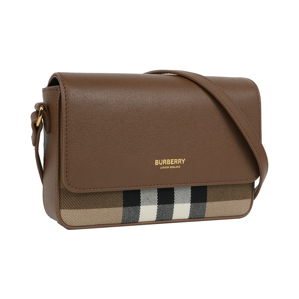 【Burberry】Hampshire 新款格紋帆布拼皮革手拿包/斜背包(土棕色)