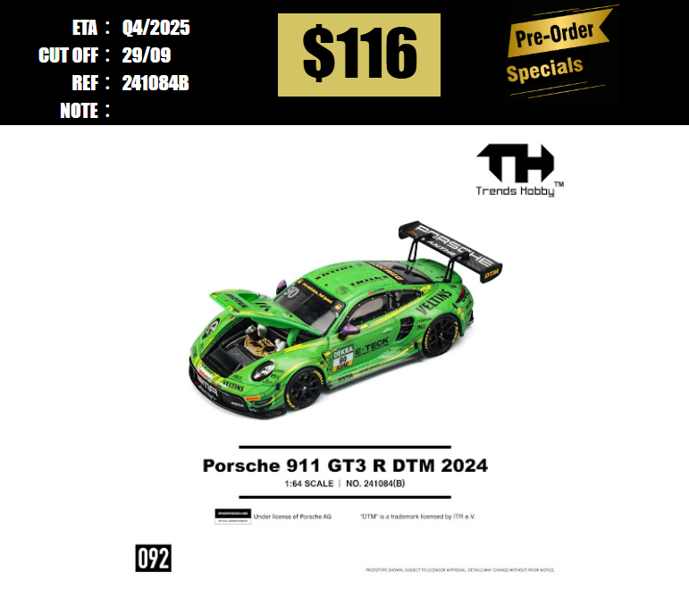 PO-$116 * TRENDS HOBBY * 1:64 PORSCHE 911 GT3 R DTM 2024 GREEN [OD18/09]