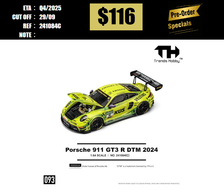 PO-$116 * TRENDS HOBBY * 1:64 PORSCHE 911 GT3 R DTM 2024 YELLOW [OD18/09]