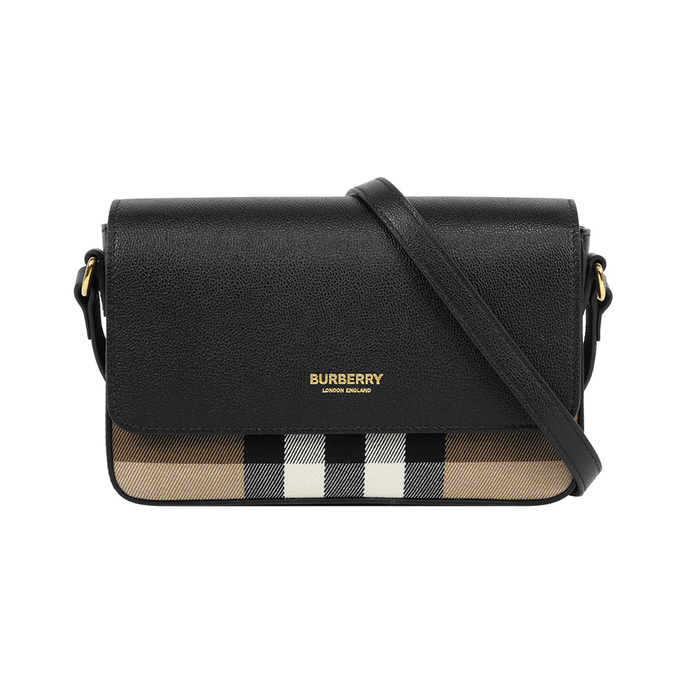 【Burberry】Hampshire 新款格紋帆布拼皮革手拿包/斜背包(黑色)