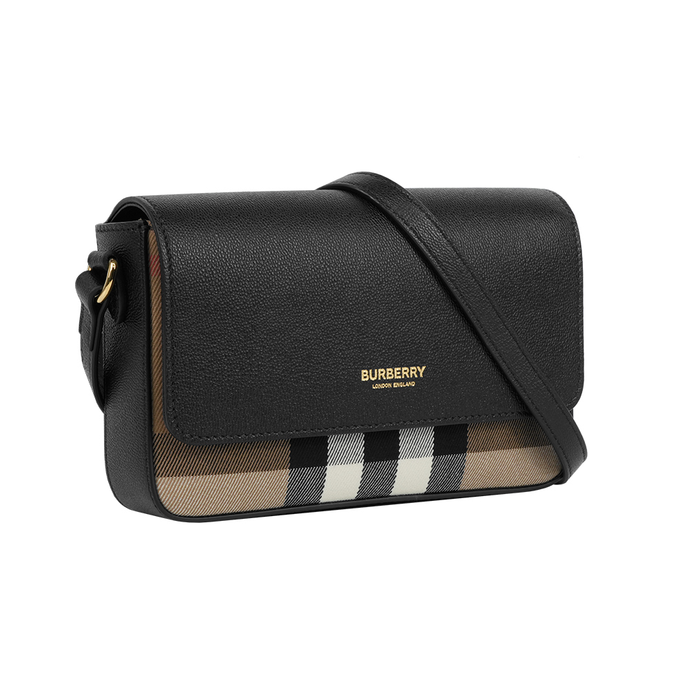 【Burberry】Hampshire 新款格紋帆布拼皮革手拿包/斜背包(黑色)