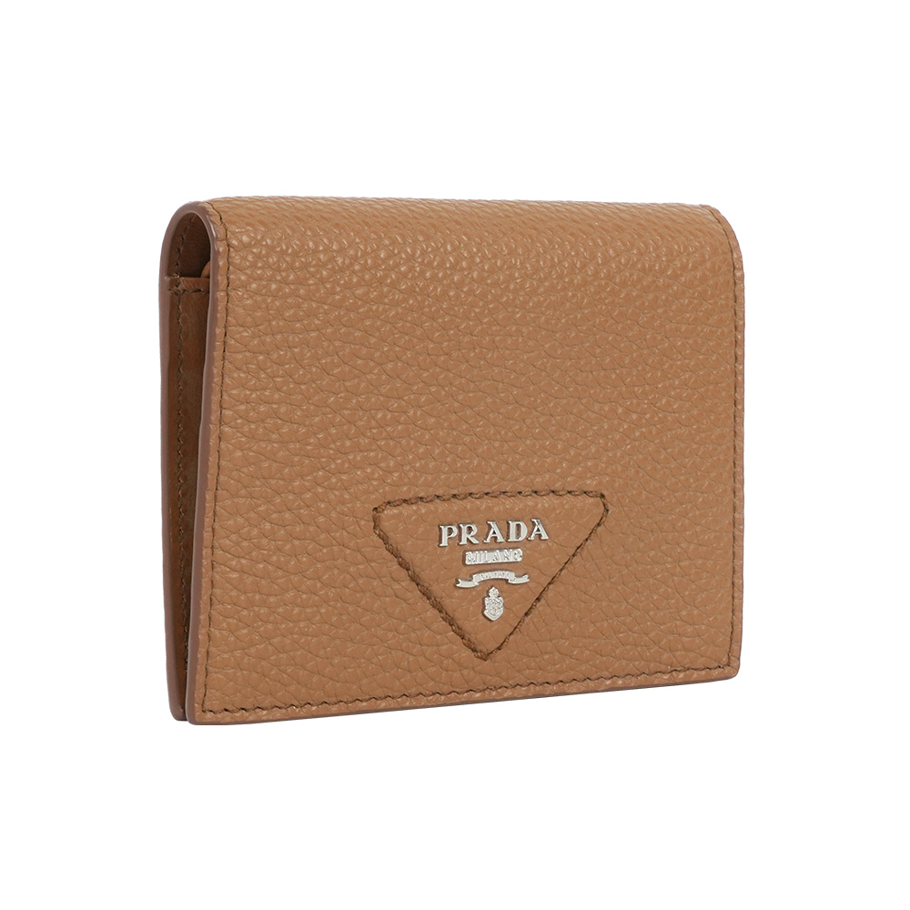 【Prada】縫線三角Logo 牛皮二折零錢袋短夾(焦糖色)