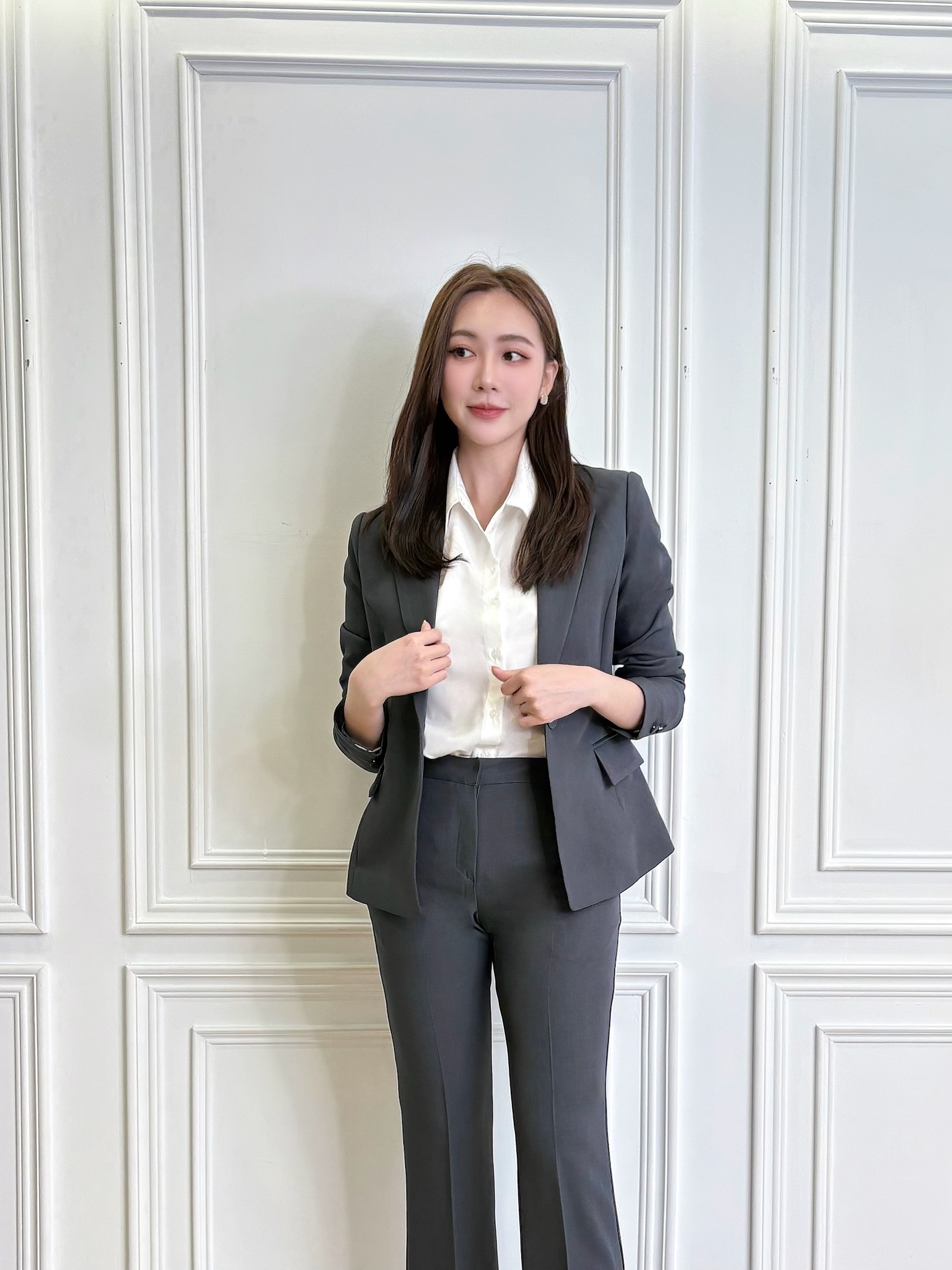 (職場必備!)俐落單釦西裝套裝-深灰