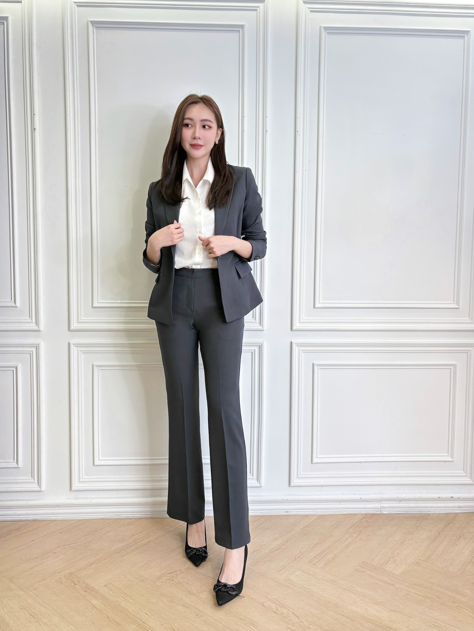 (職場必備!)俐落單釦西裝套裝-深灰