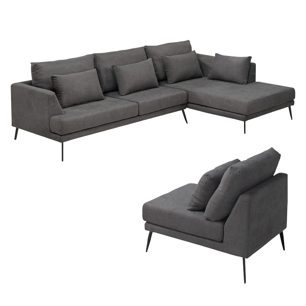 妮瑞莎L型灰色布沙發椅+單人沙發椅組合(送抱枕)(左右型可選)