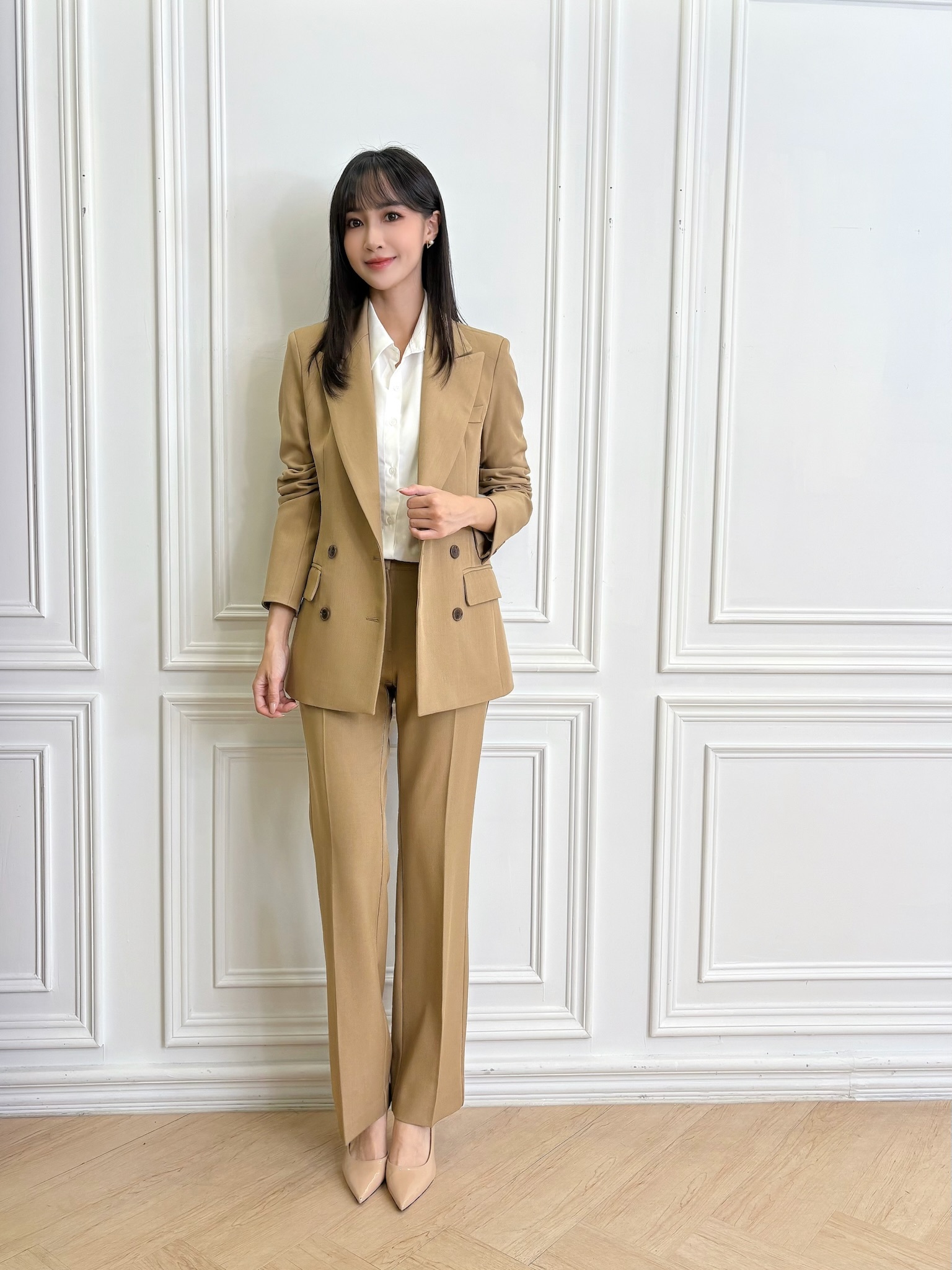 率性翻領雙排釦西裝套裝-焦糖卡其
