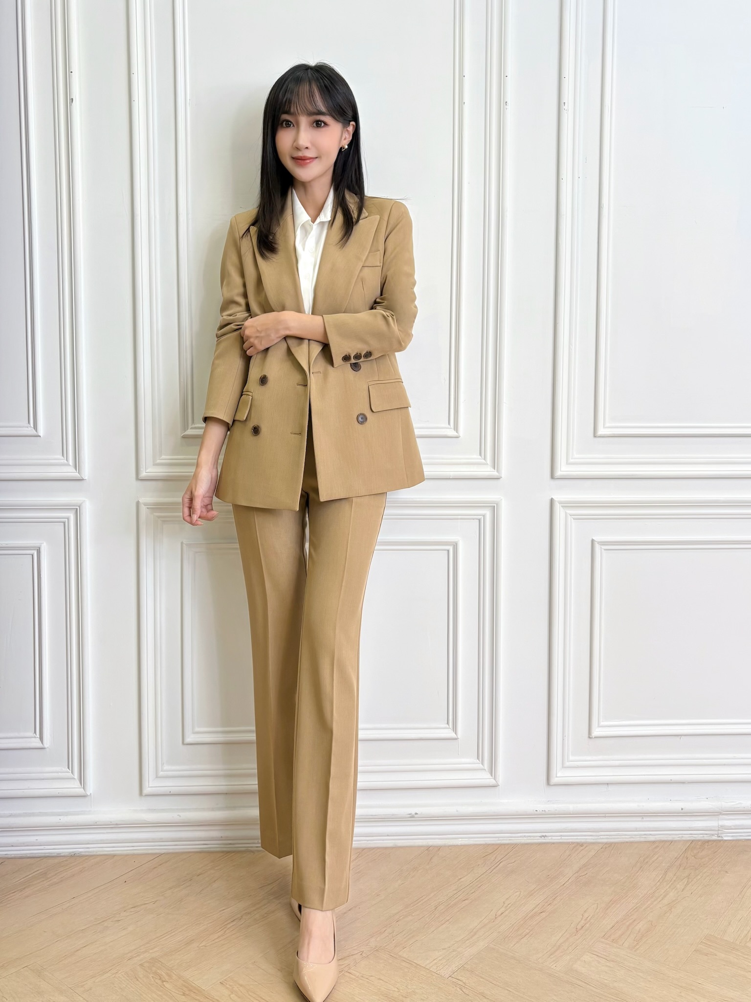 率性翻領雙排釦西裝套裝-焦糖卡其