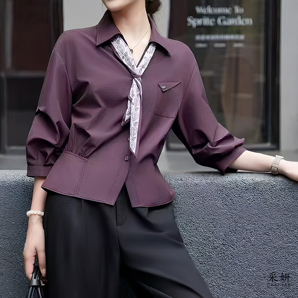 復古落肩領巾小綴飾長袖襯衫上衣