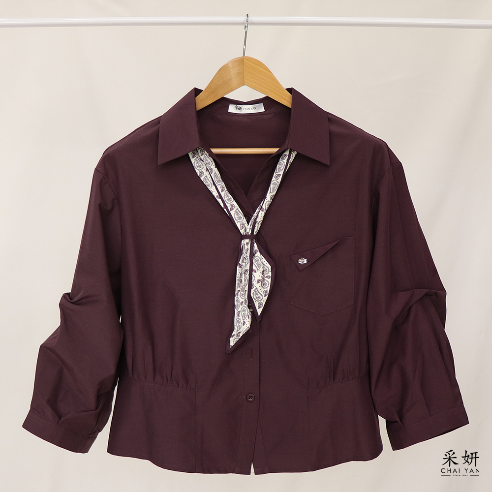 復古落肩領巾小綴飾長袖襯衫上衣