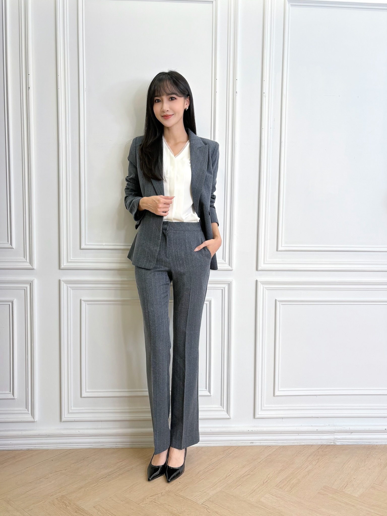 (經典實穿)織紋線條西裝套裝-深灰