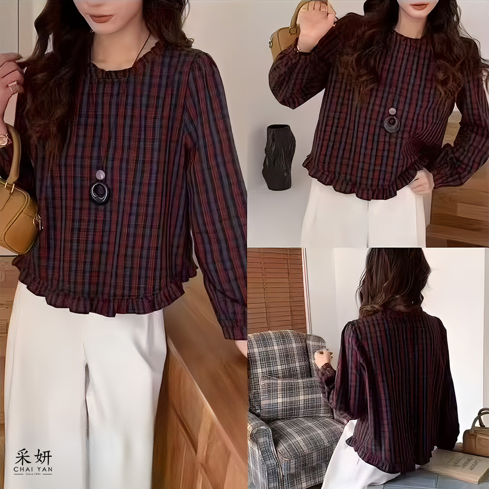 復古格紋後排扣木耳領長袖上衣