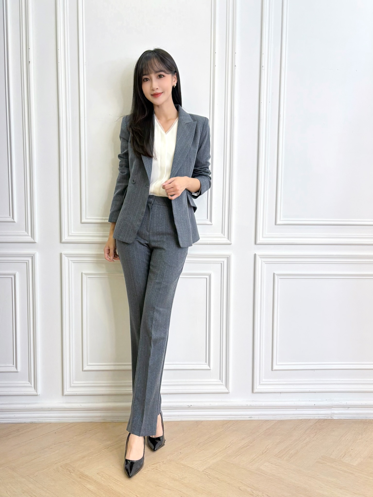 (經典實穿)織紋線條西裝套裝-深灰