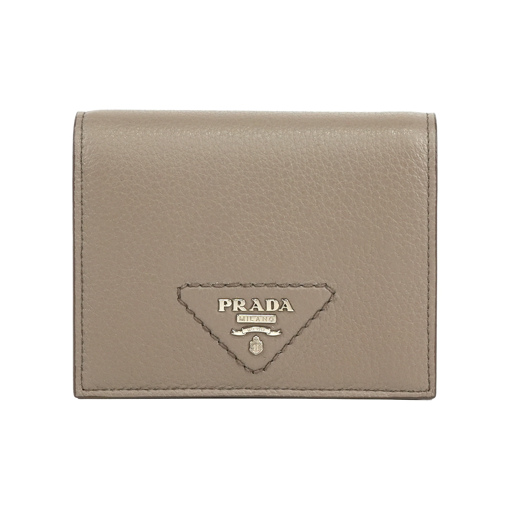 【Prada】縫線三角Logo 牛皮二折零錢袋短夾(水泥灰)