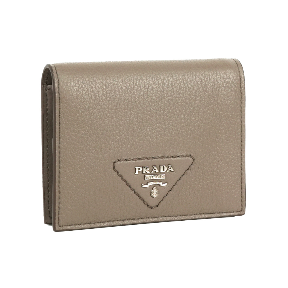 【Prada】縫線三角Logo 牛皮二折零錢袋短夾(水泥灰)