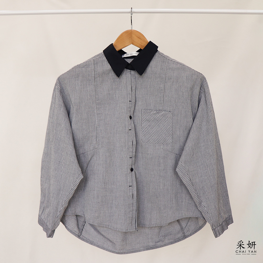 條紋跳色領口長袖襯衫上衣