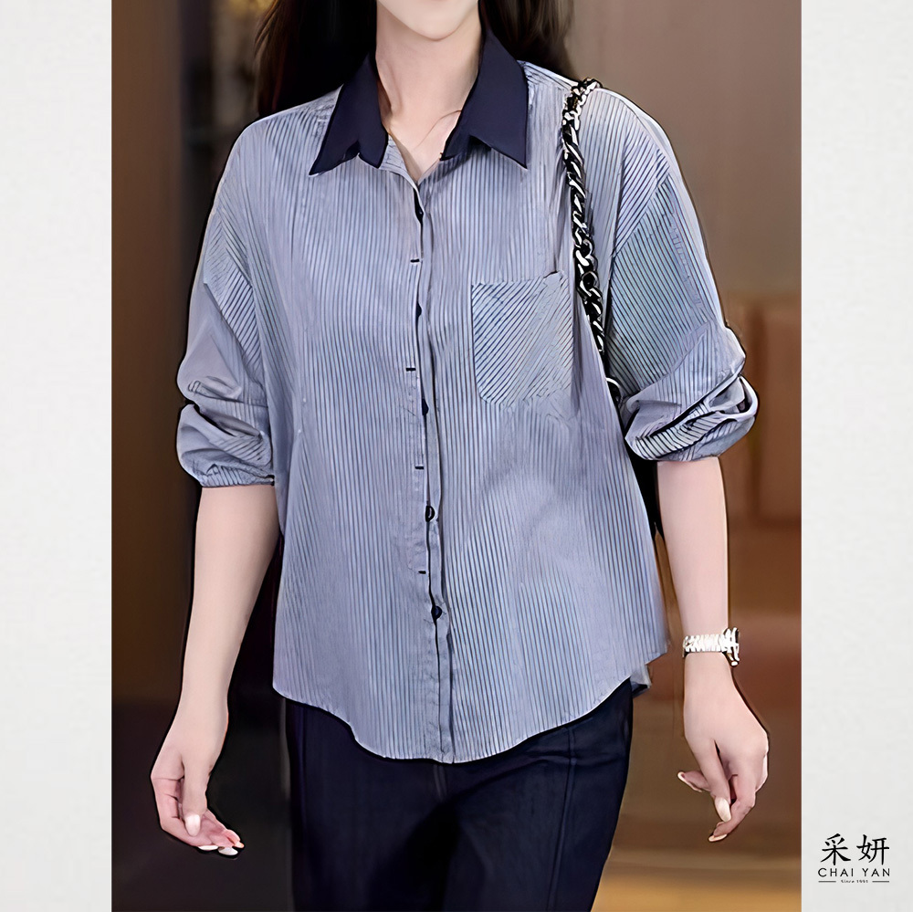 條紋跳色領口長袖襯衫上衣