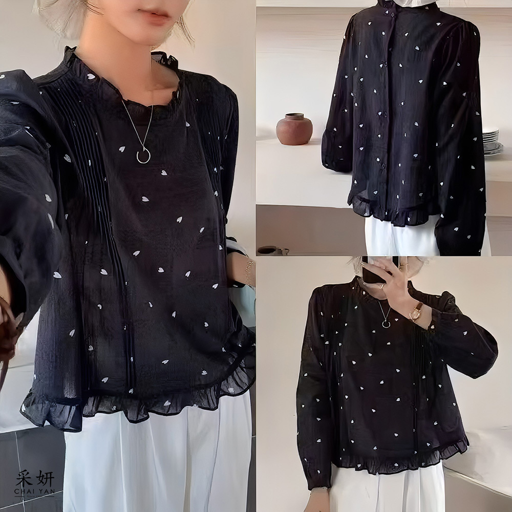 日式風暗紋心點後排扣木耳領長袖上衣