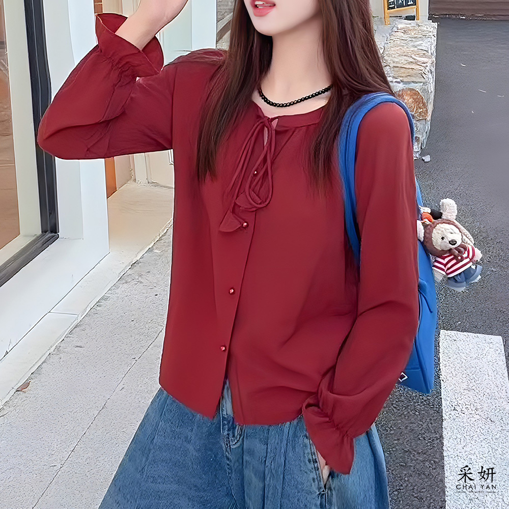 無肩線復古繫繩V領開襟長袖上衣