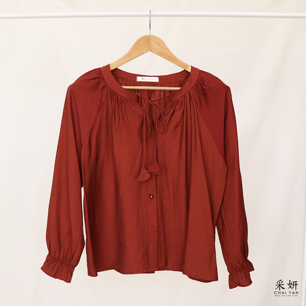 無肩線復古繫繩V領開襟長袖上衣