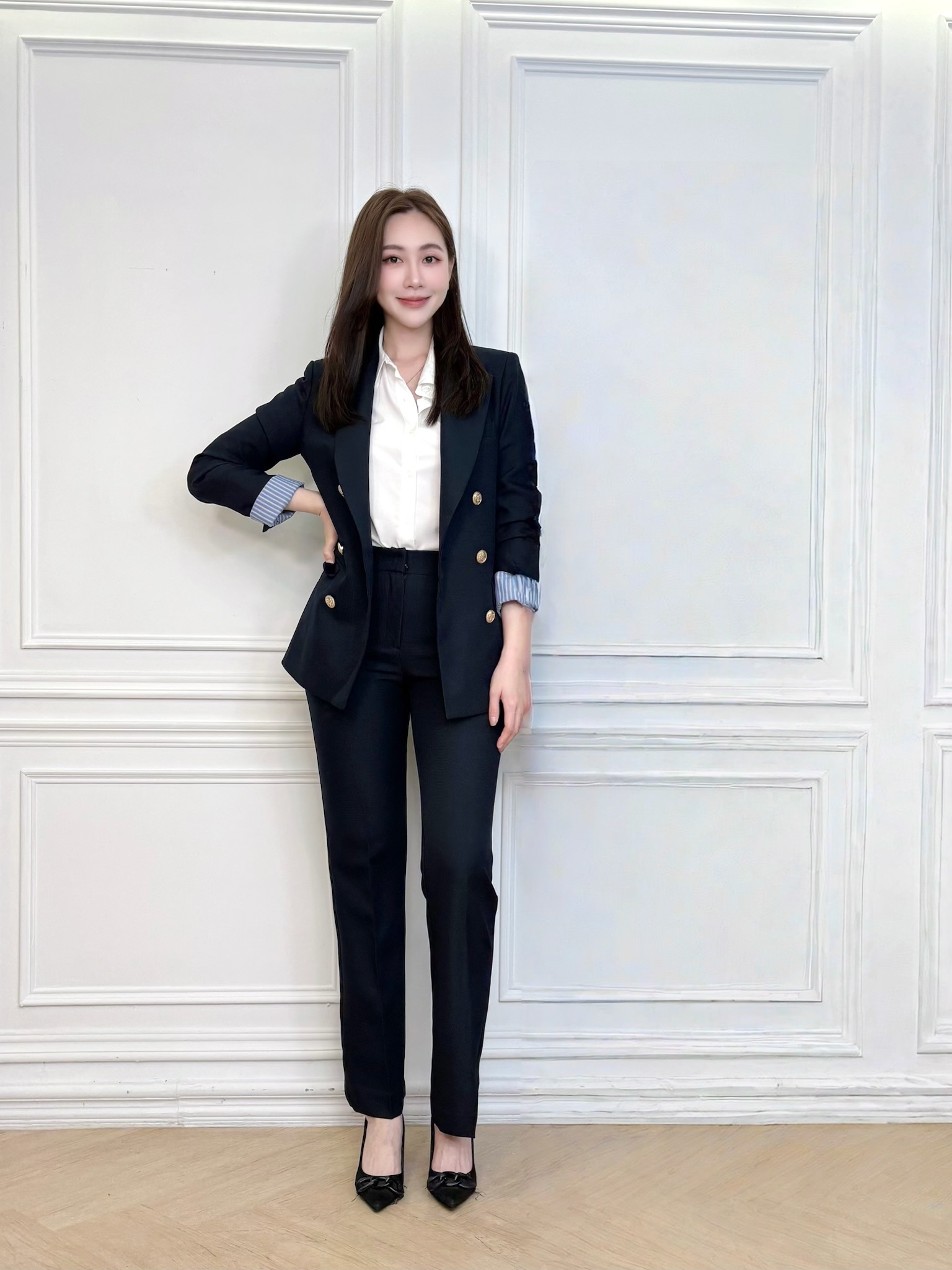 袖條紋金釦翻領西裝套裝-深藍