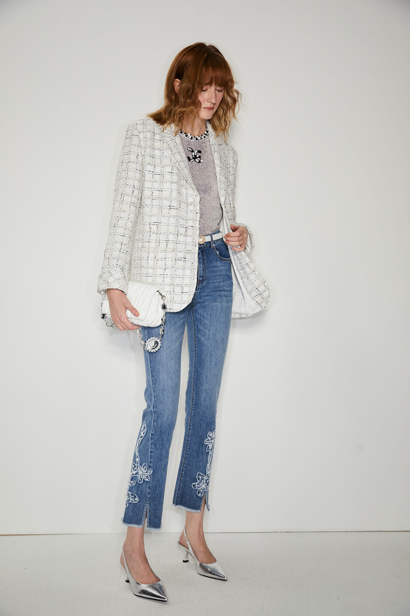 BC15019D1 白色窗格小香毛呢正裝外套