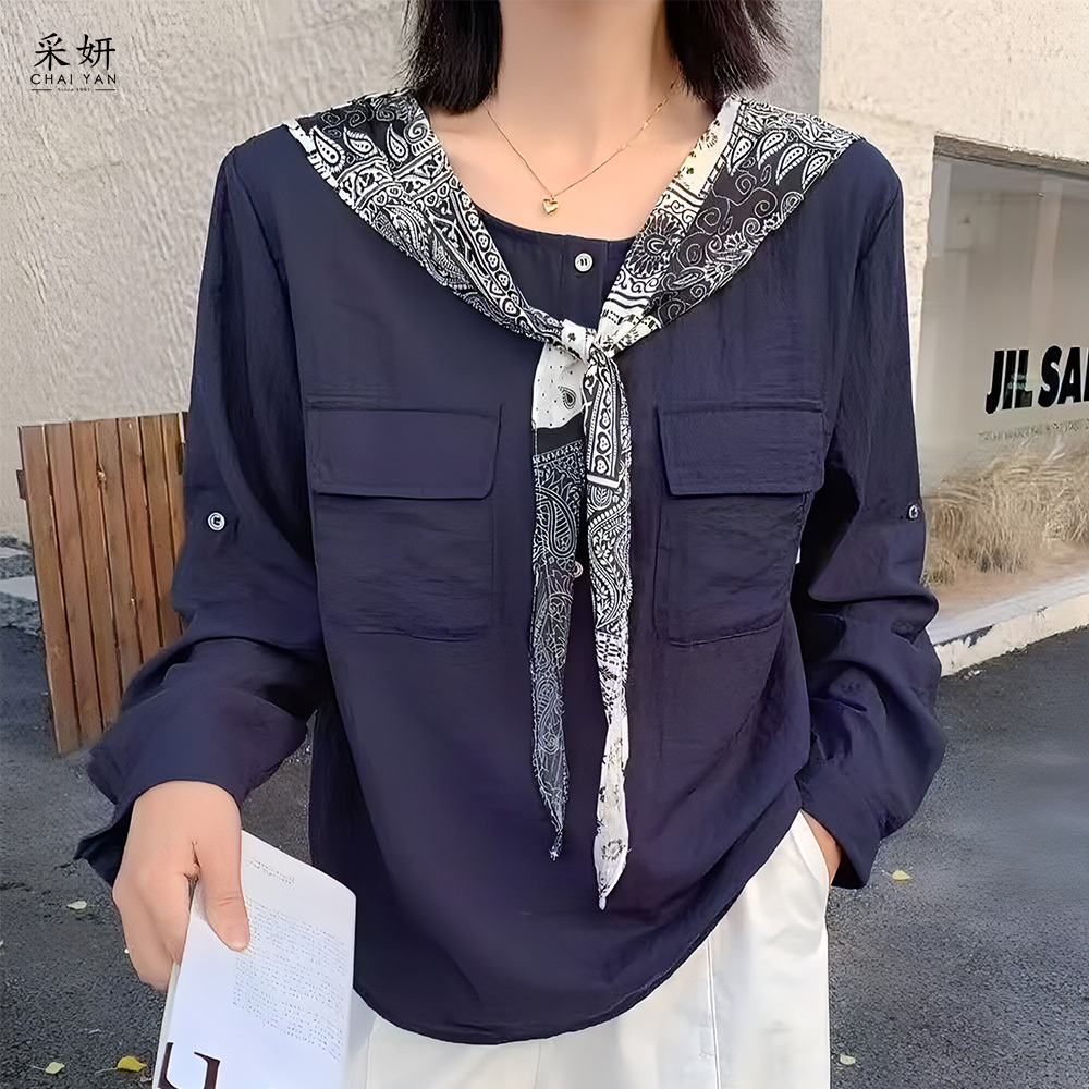 民族風假兩件領巾半排扣圓領長袖上衣