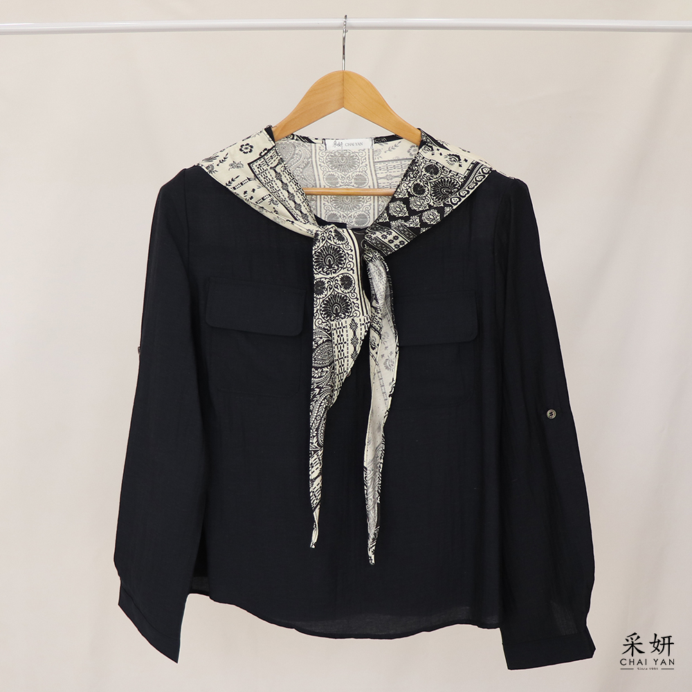 民族風假兩件領巾半排扣圓領長袖上衣