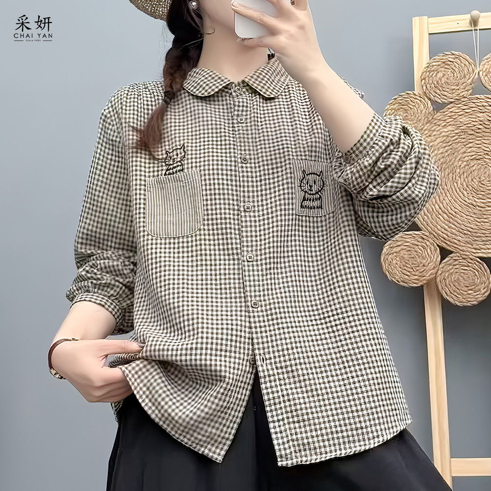 貓咪刺繡布料拼接長袖襯衫上衣