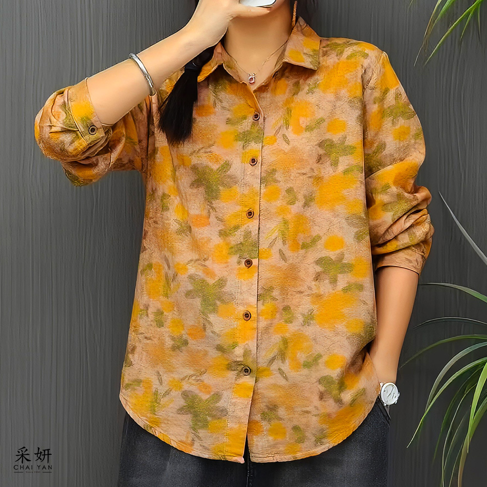 復古水彩花朵長袖襯衫上衣