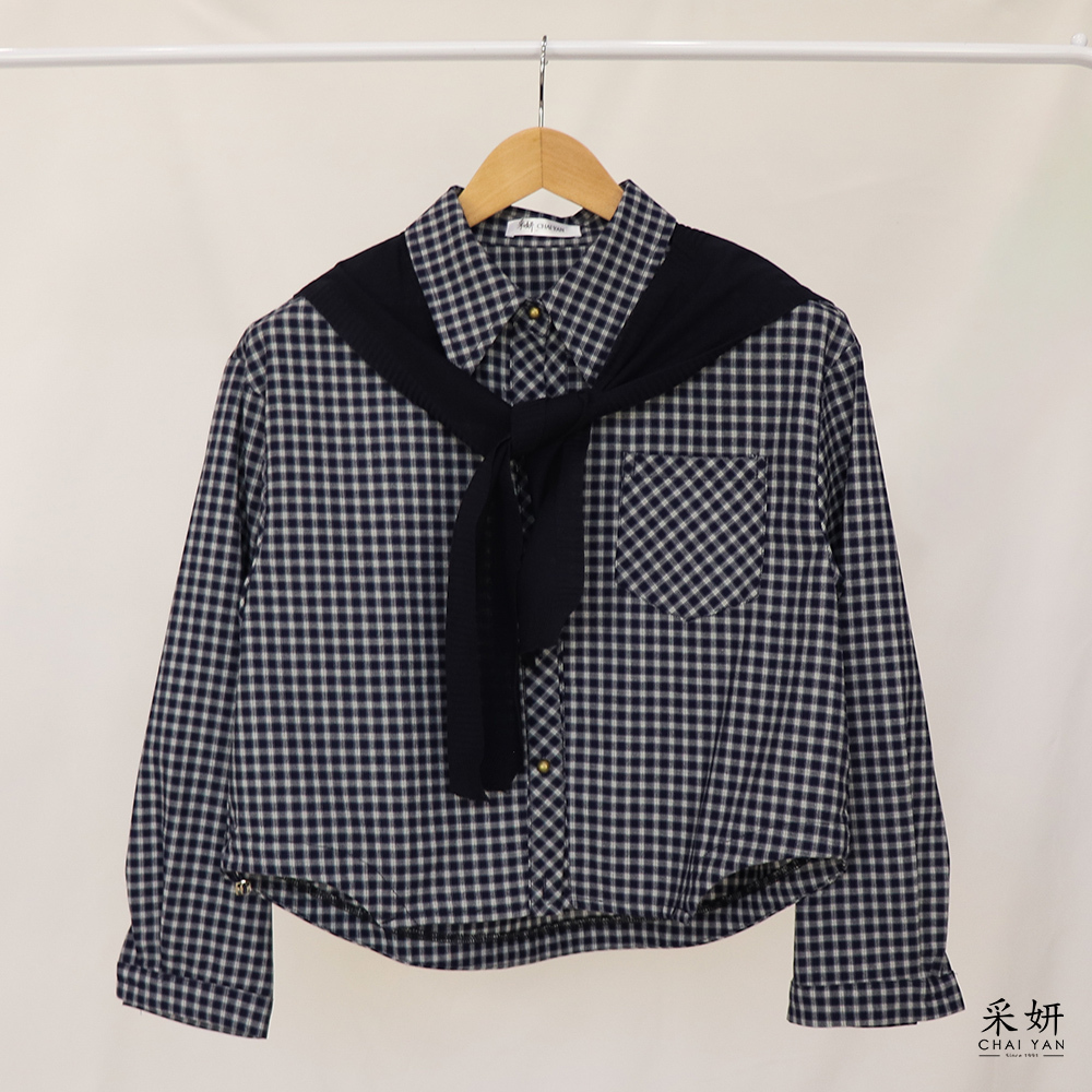 復古格紋針織領巾長袖襯衫上衣