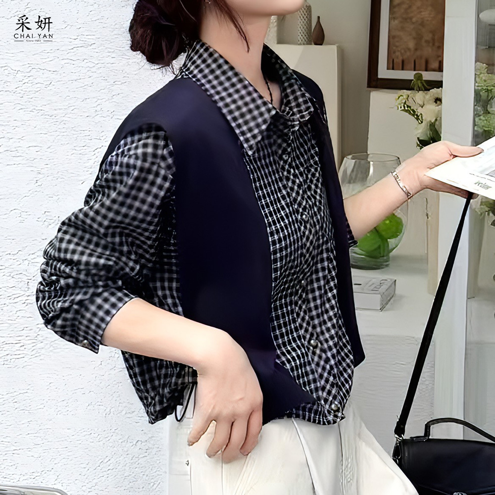 復古格紋針織領巾長袖襯衫上衣