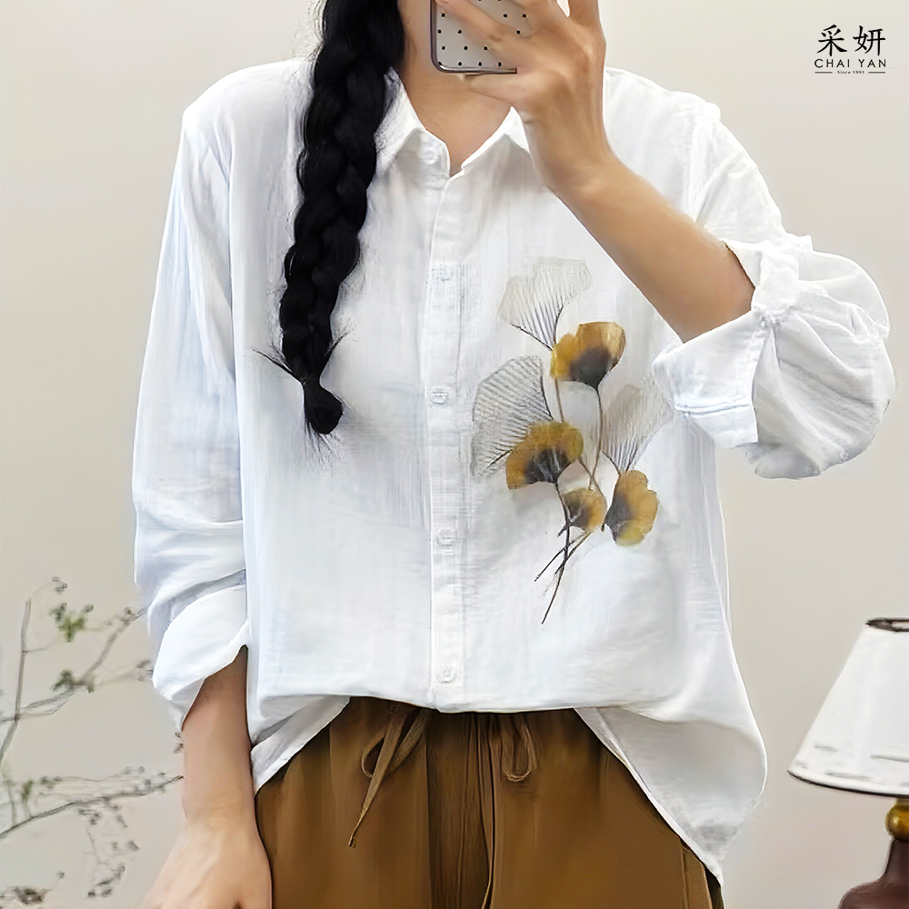 杏葉印花長袖襯衫上衣