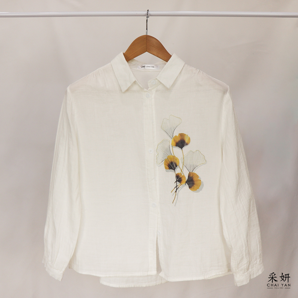 杏葉印花長袖襯衫上衣