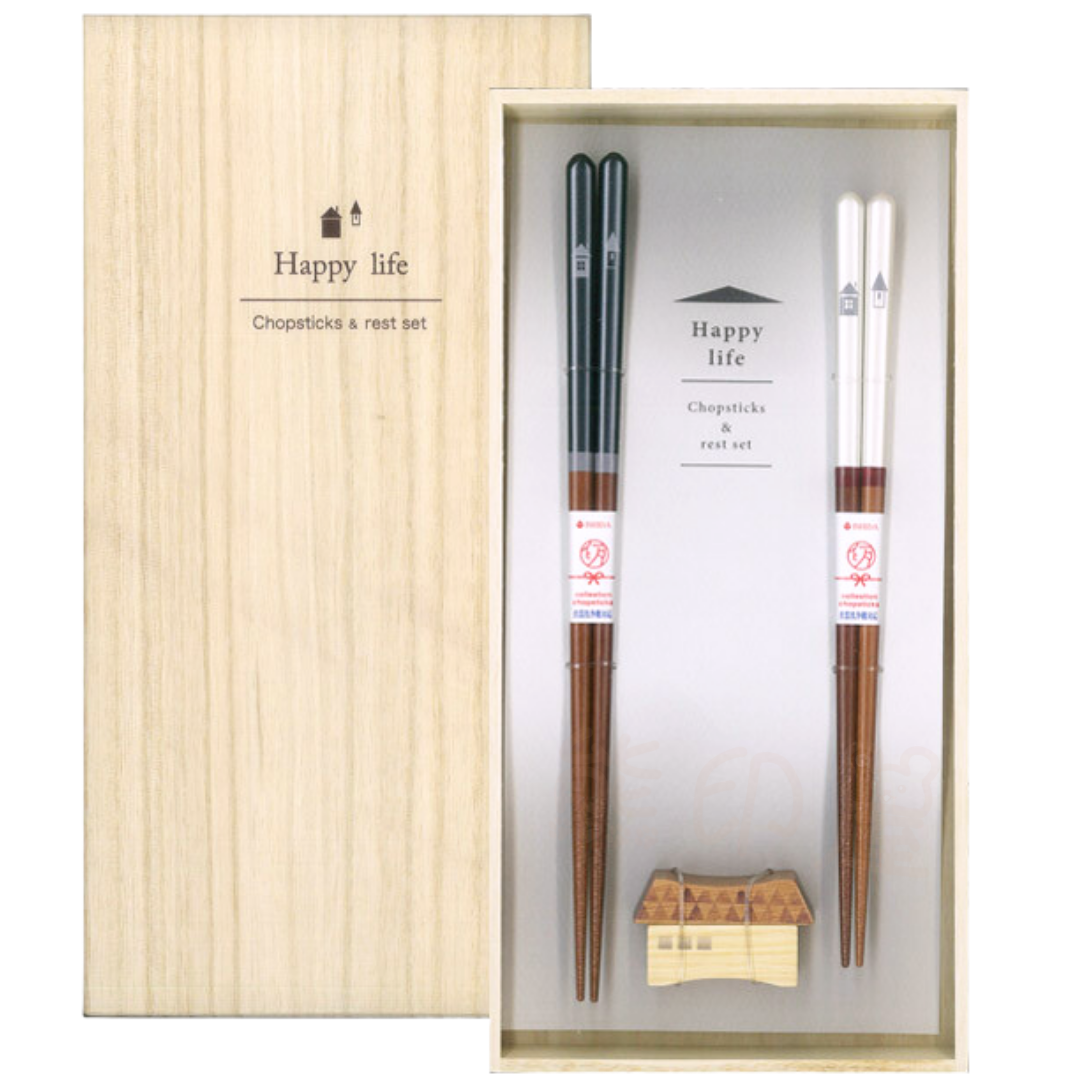日本幸福生活百福桐木禮盒情侶夫婦對筷附筷架 日本製