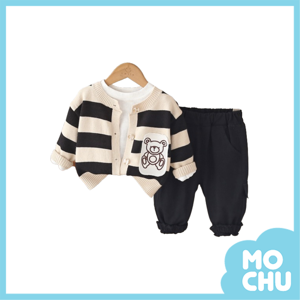 小熊條紋開襟衫三件組套裝(二色)