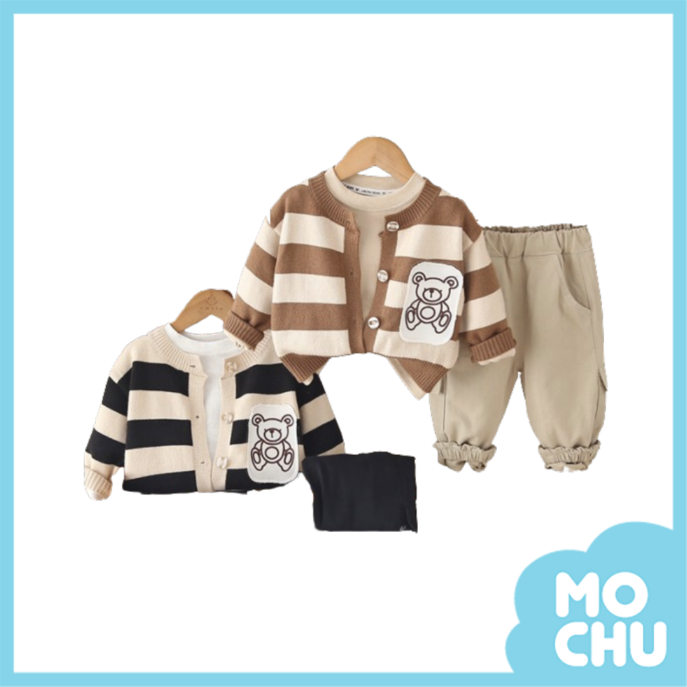 小熊條紋開襟衫三件組套裝(二色)