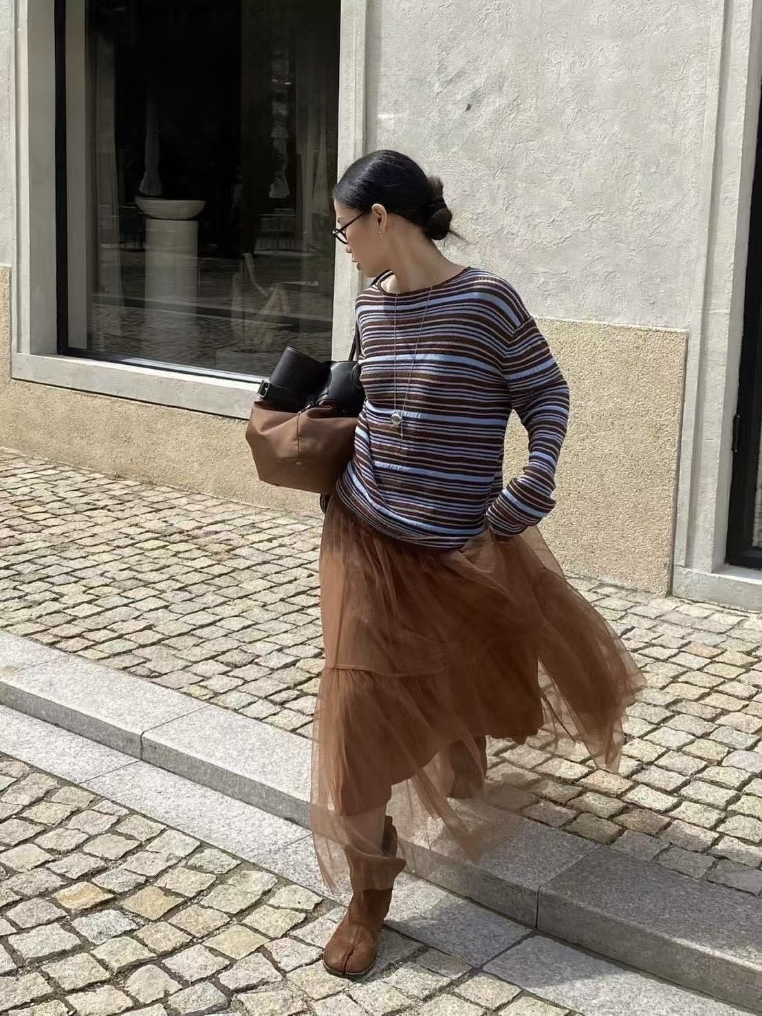 712 設計感撞色條紋圓領針織上衣