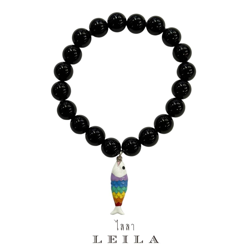 Leila天上的魚黑耀石手串 - 白色彩虹魚款式