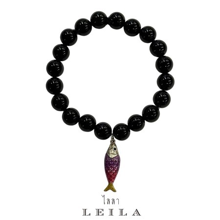 Leila天上的魚黑耀石手串 - 紫粉彩虹魚款式