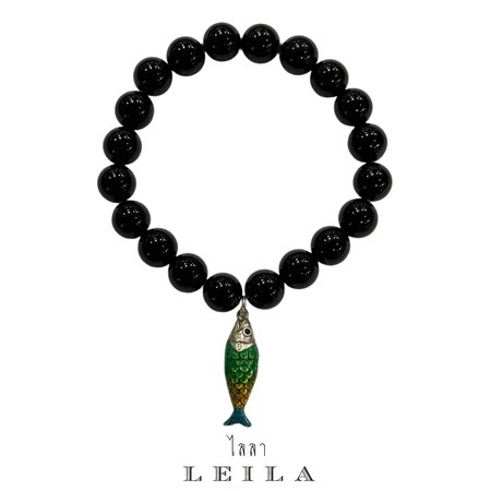 Leila天上的魚黑耀石手串 - 綠黃彩虹魚款式