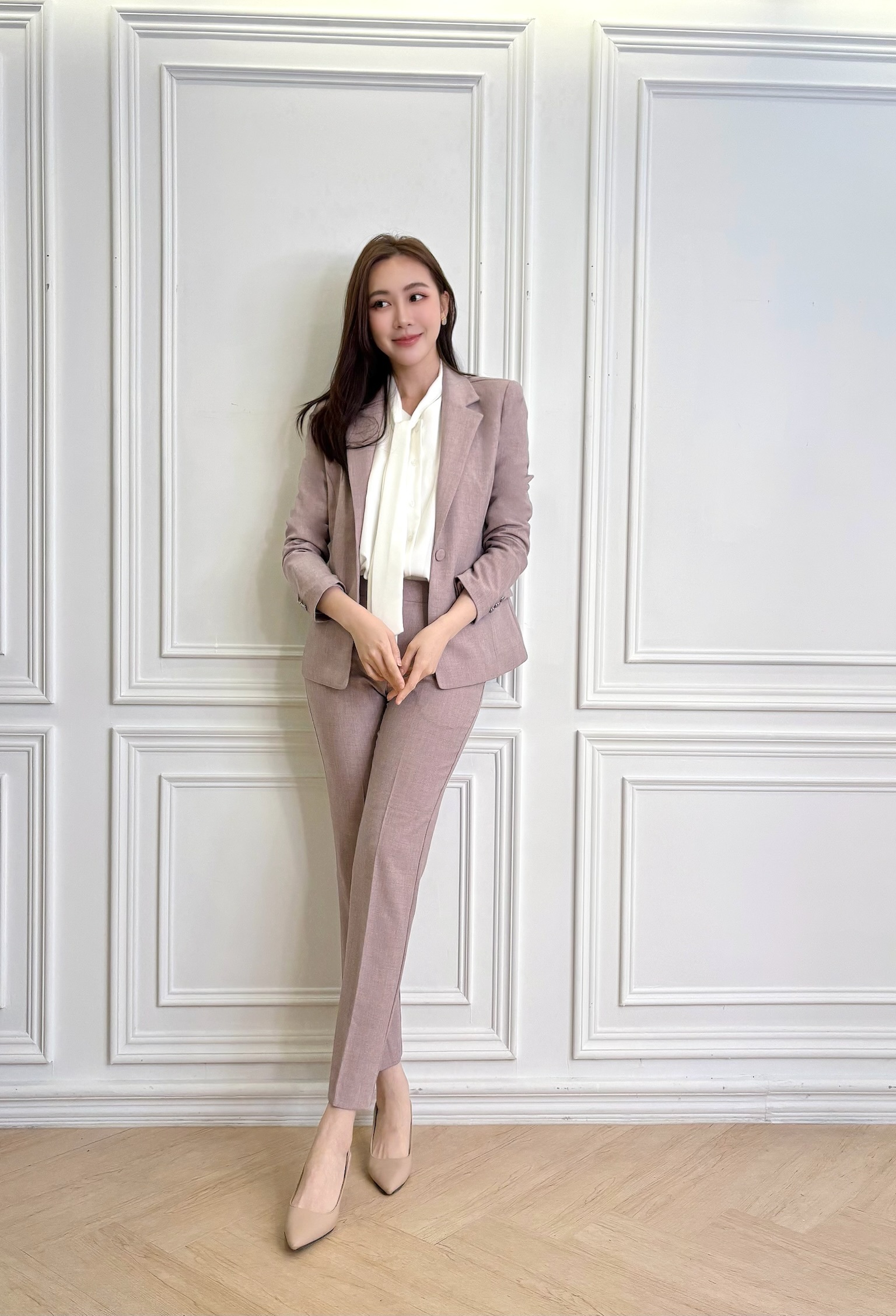 (絕美色調)織紋翻領單釦西裝套裝-煙燻粉
