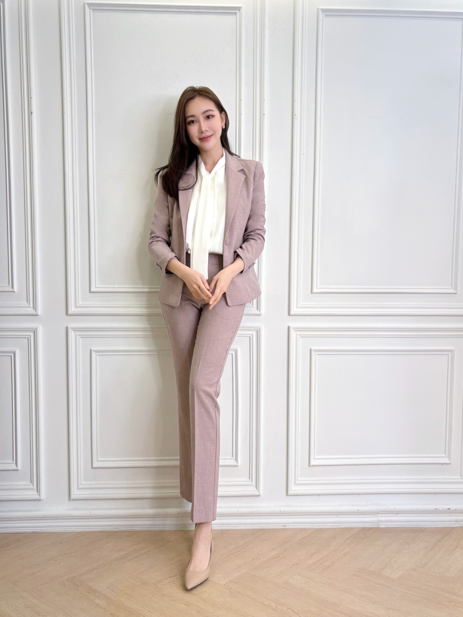 (絕美色調)織紋翻領單釦西裝套裝-煙燻粉