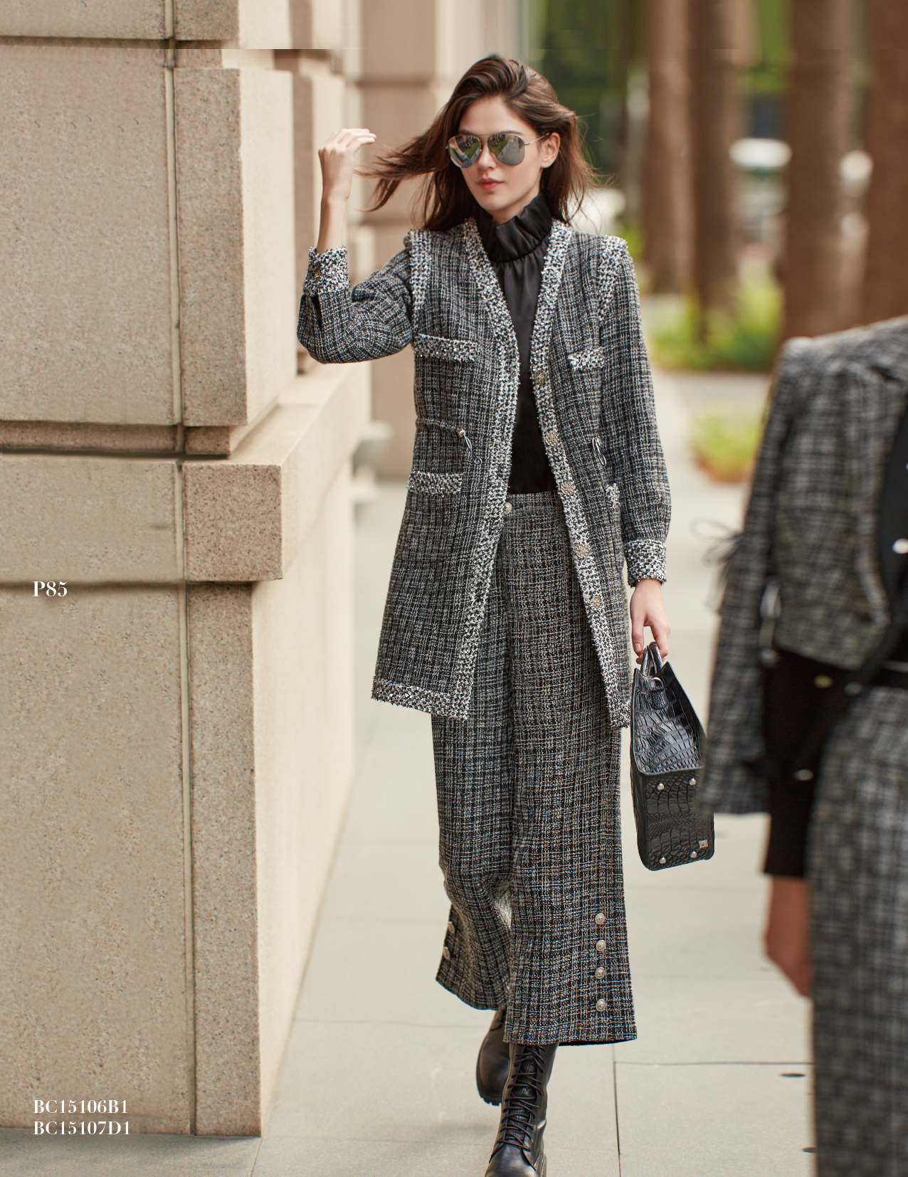 BC15106B1 左岸織紋粗花呢小香八分寬褲